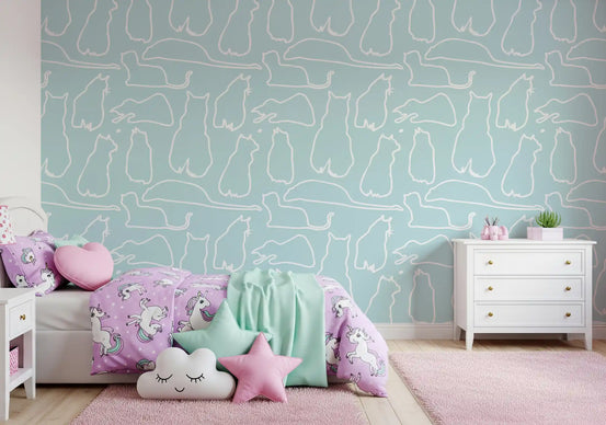 Powder-blue ground and white cats on a wallpaper brightening a kids' room GD11481