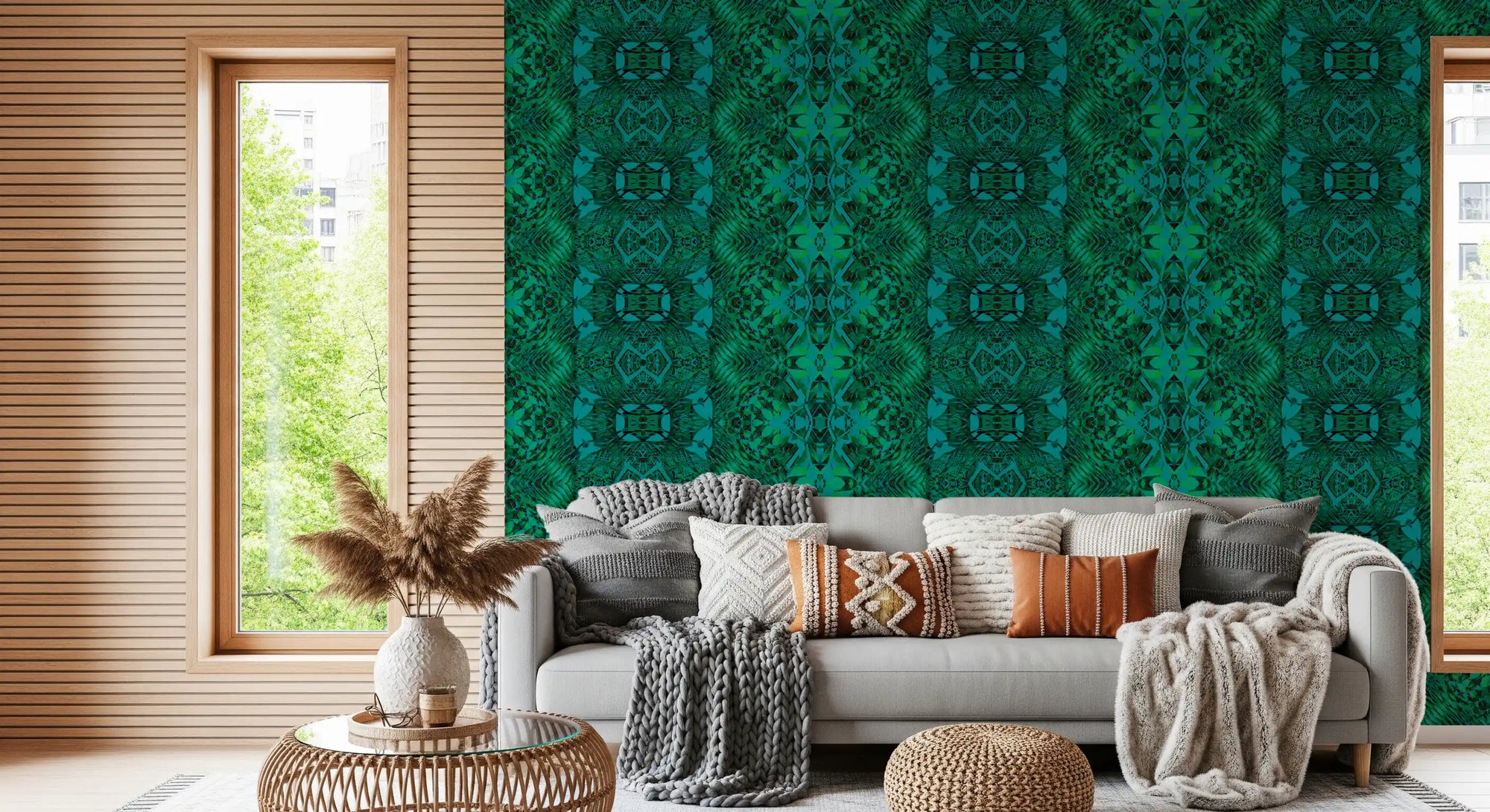 Emerald green lattice wallpaper adding a bold feature to a living room GD11483