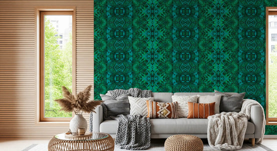 Emerald green lattice wallpaper adding a bold feature to a living room GD11483