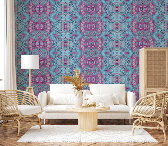 Magenta and turquoise lattice wallpaper adding a bold feature to a living room GD11484