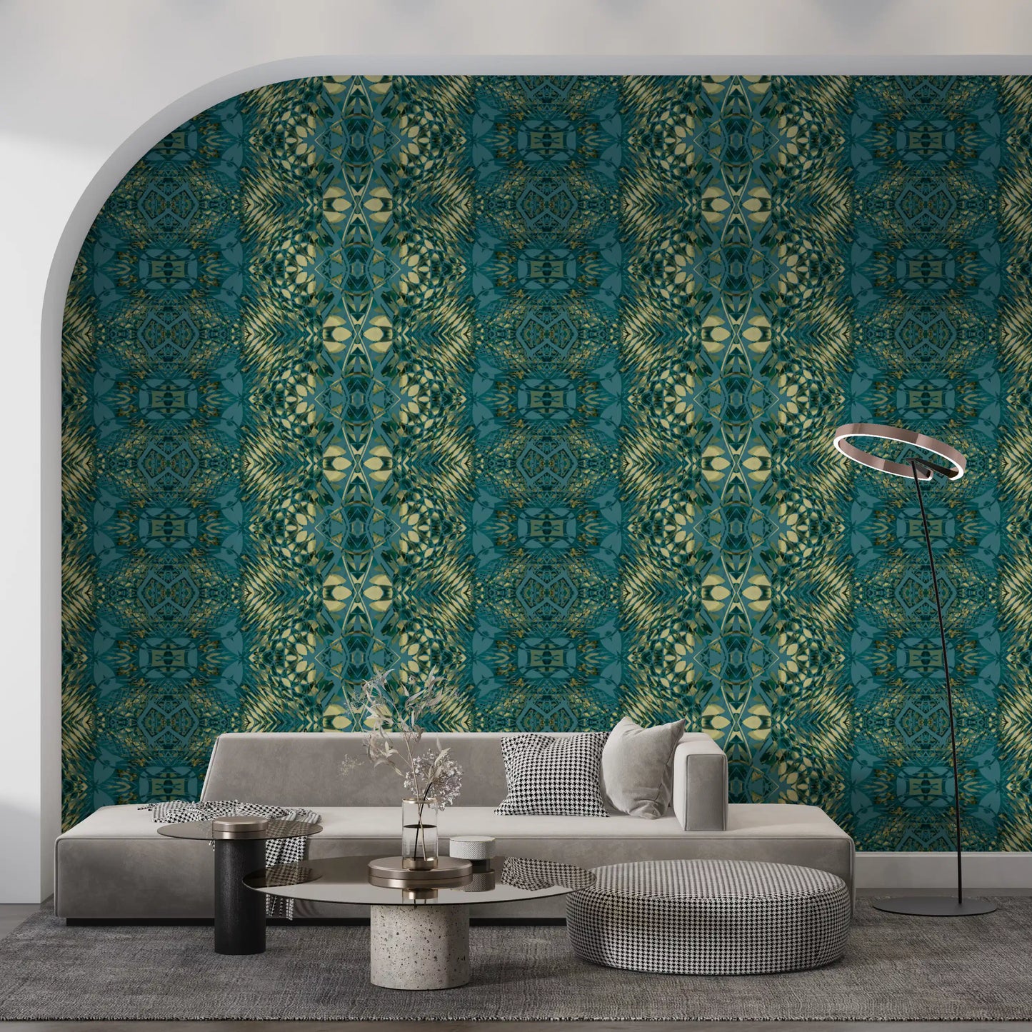 Abstract Ornamental Geometric Teal & Pale Yellow Lattice Wallpaper - AMBER DESIGN Wallpaper Wallpaper⁠