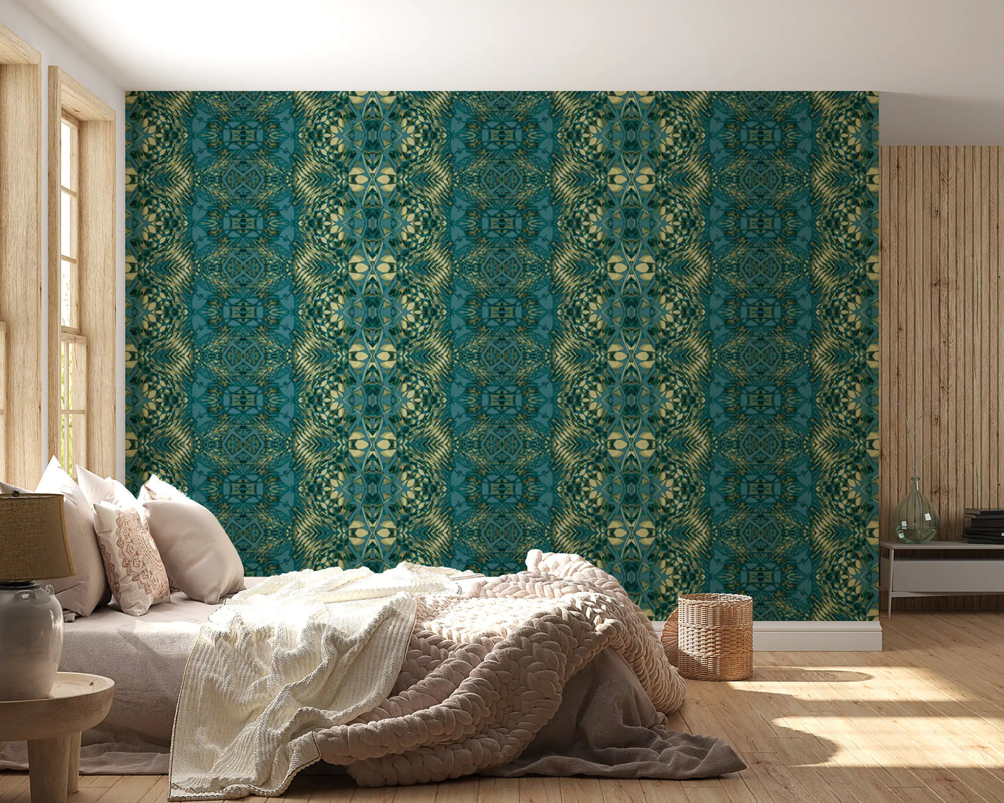 Abstract Ornamental Geometric Teal & Pale Yellow Lattice Wallpaper - AMBER DESIGN Wallpaper Wallpaper⁠