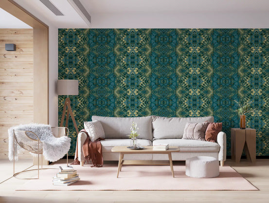 Peacock teal and gold lattice styling a living room on this wallpaper GD11485

