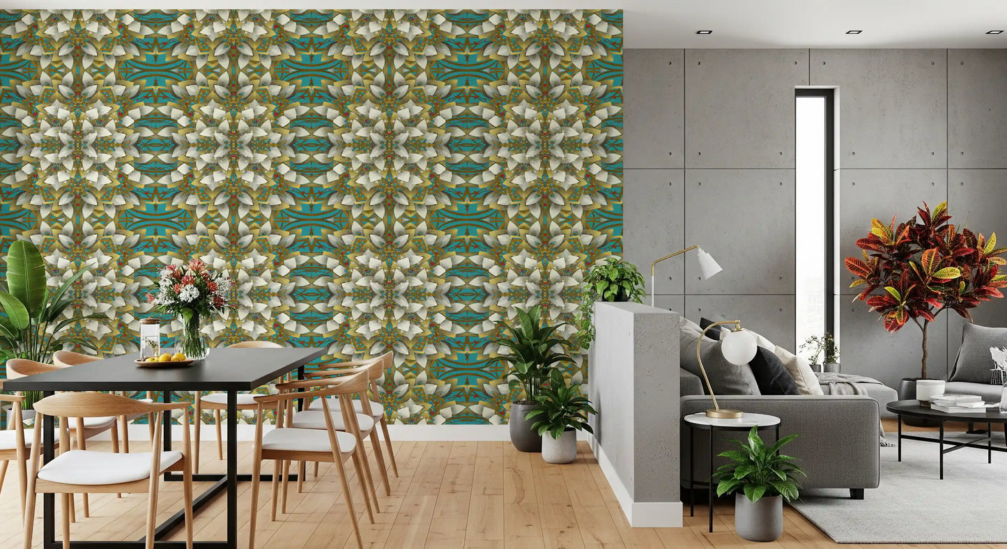 Teal & Gold Geometric Bloom Wallpaper - IKEBANA DESIGN Wallpaper⁠