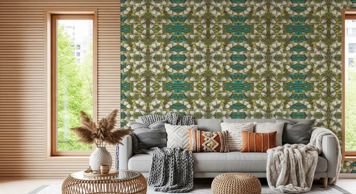 Teal & Gold Geometric Bloom Wallpaper - IKEBANA DESIGN Wallpaper⁠