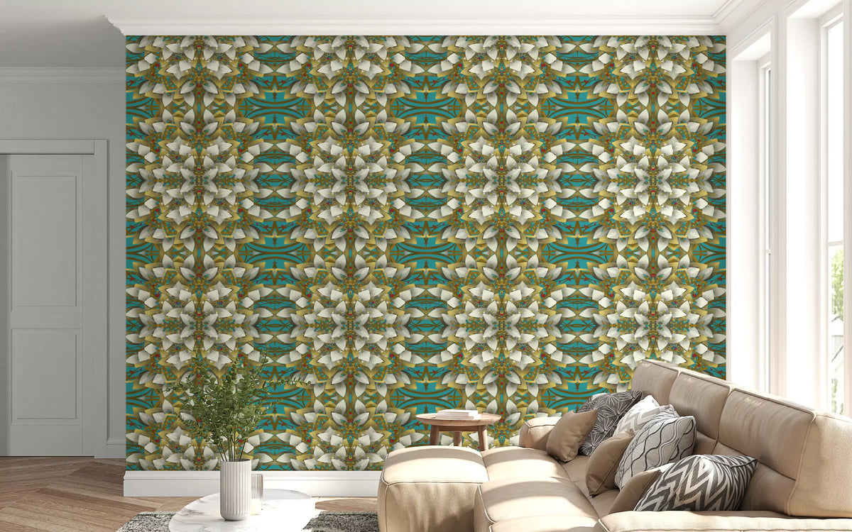Viridian and gold geometric bloom wallpaper styling a living room in white GD11488