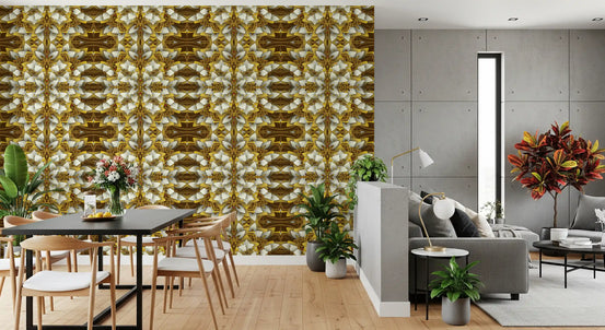 Brown and gold geometric bloom wallpaper styling a dining room in white GD11489