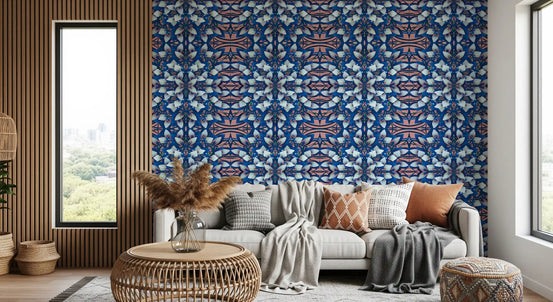 Rose pink and blue geometric bloom wallpaper styling a living room in white GD11490