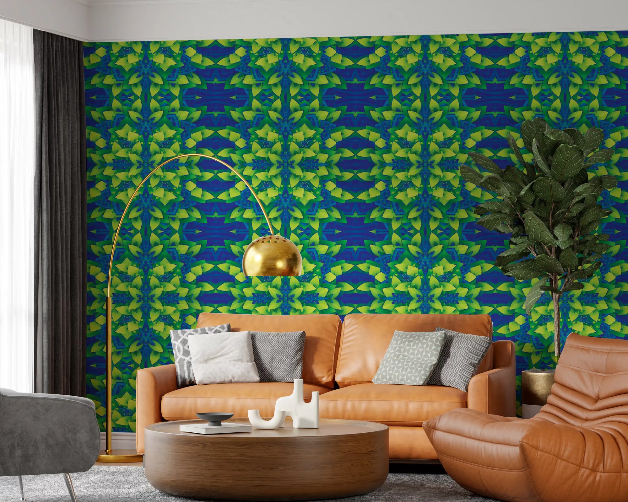 Lime green geometric bloom wallpaper styling a living room over royal blue GD11491