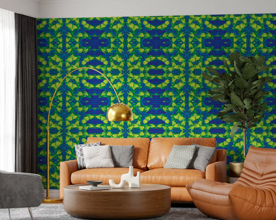 Lime green geometric bloom wallpaper styling a living room over royal blue GD11491