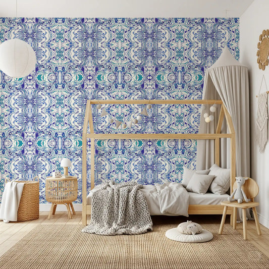 Blue & Teal Contemporary Ornamental Tile - ANDORRA Wallpaper