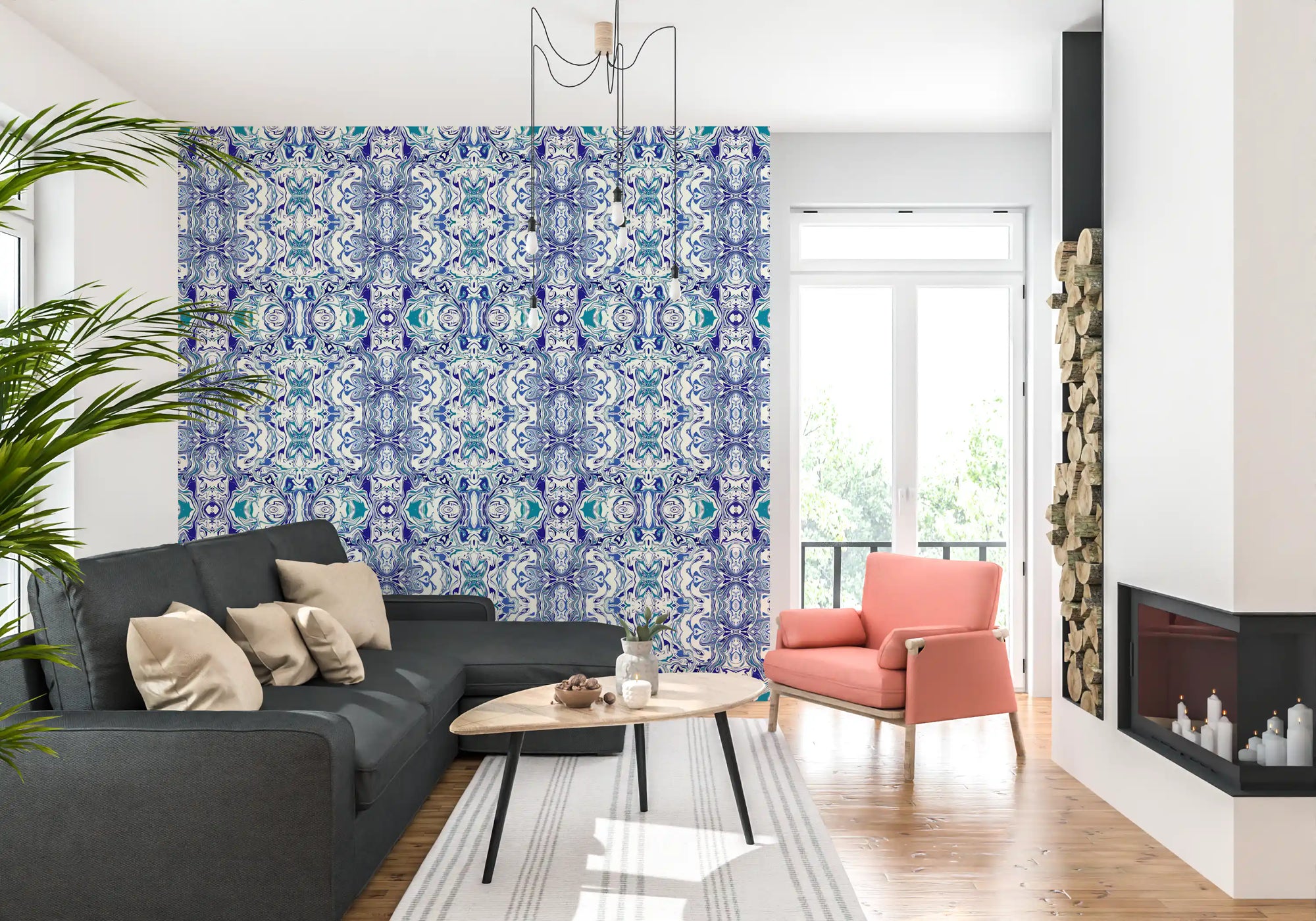 Sapphire and teal ornamental tile wallpaper styling a living room in ivory GD11494