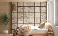 Zen ginkgo leaves rest behind the Japanese shoji wall mural in taupe and brown GD11495