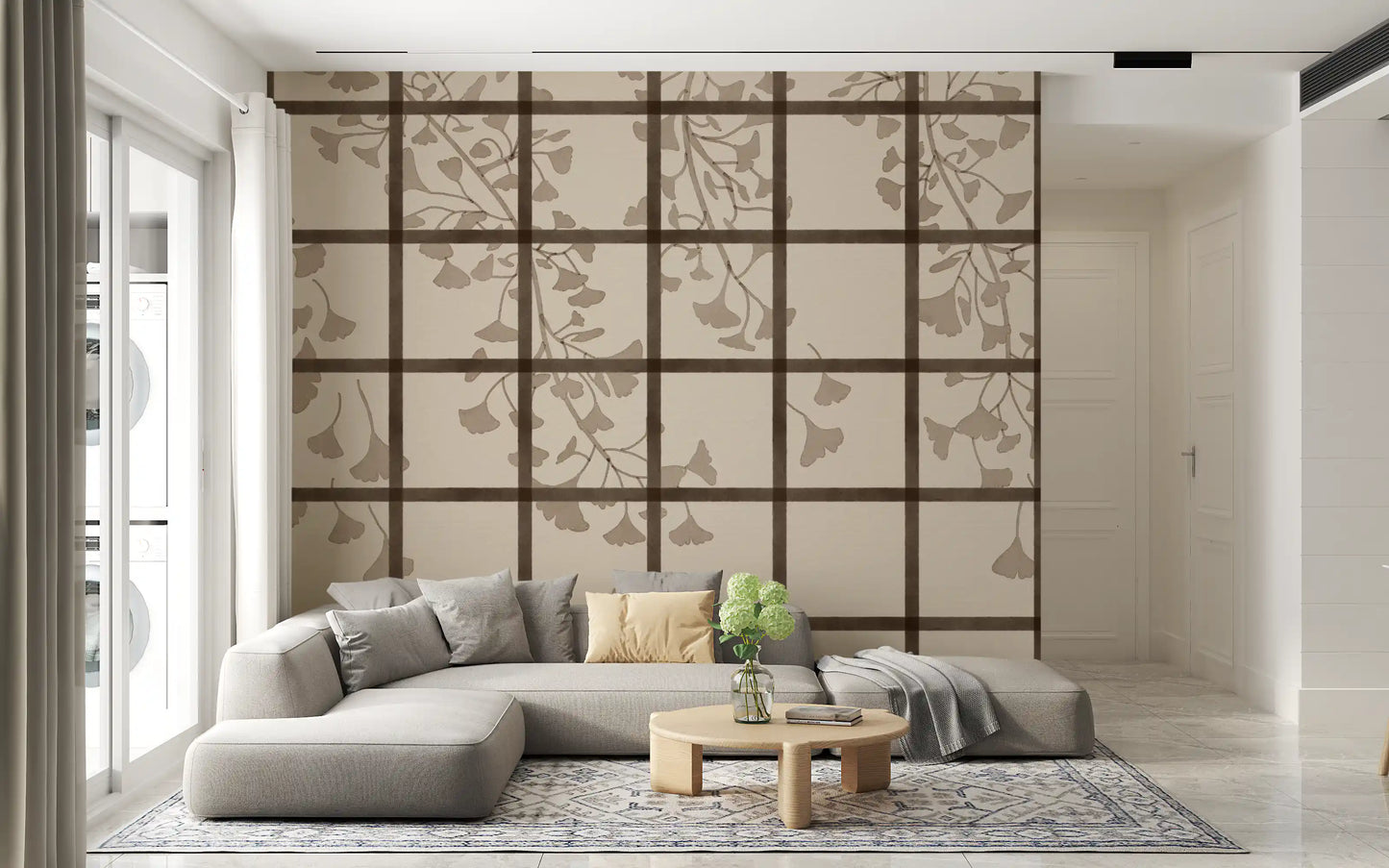 Bamboo-style grid frames ginkgo leaves on the wall mural over a linen ground GD11495