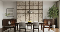 Fanned ginkgo leaves drift behind the shoji screen wall mural and its dark grid GD11495