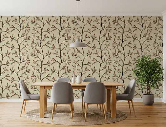 Asian Floral Branches on Antique Linen Wallpaper⁠
