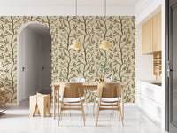 Asian Floral Branches on Antique Linen Wallpaper⁠