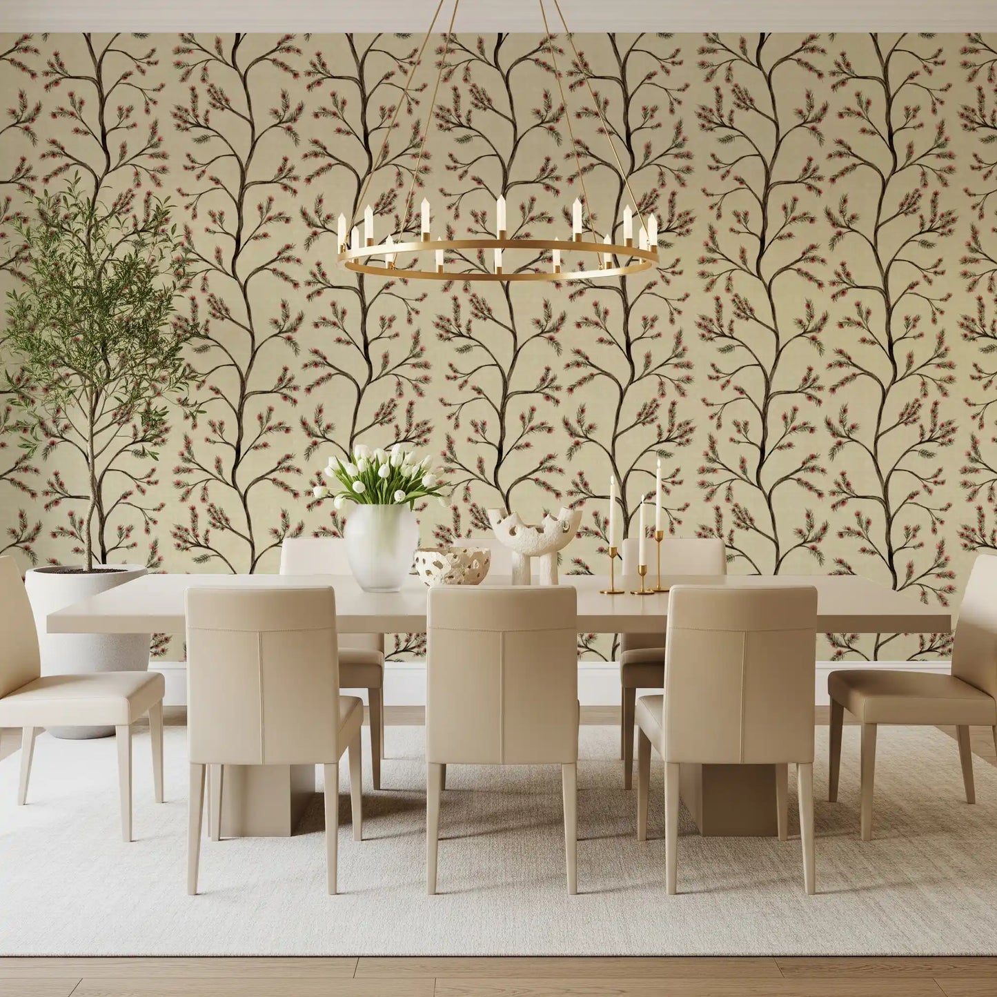 Asian Floral Branches on Antique Linen Wallpaper⁠
