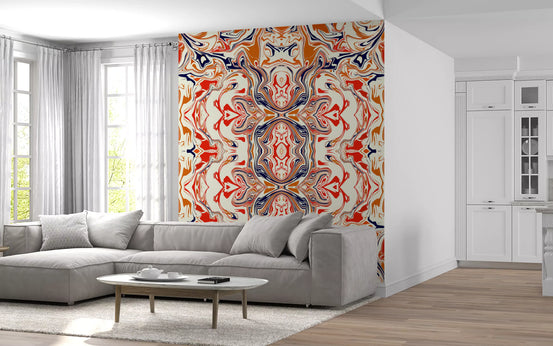 Scarlet and orange ornamental tile wall mural warming a living room in cream GD11497
