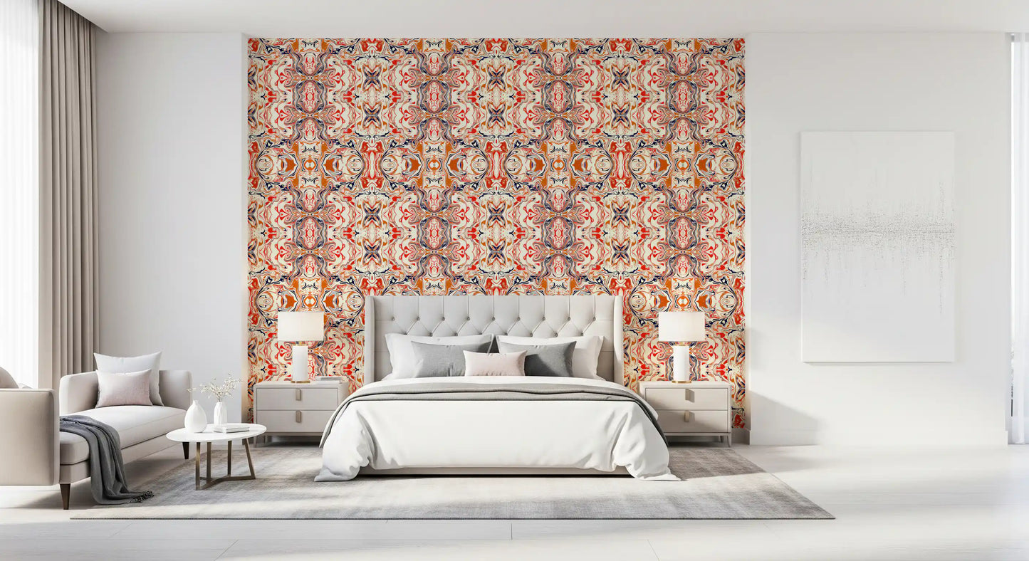 Orange & Red Contemporary Ornamental Tile - ANDORRA Wallpaper