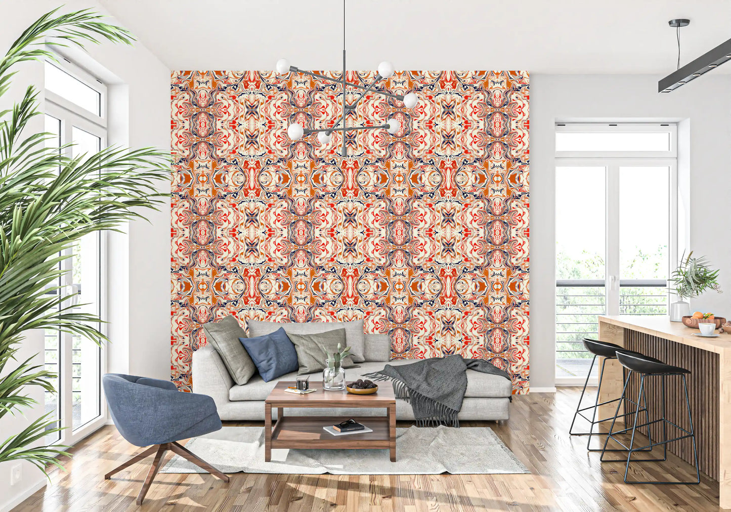 Orange & Red Contemporary Ornamental Tile - ANDORRA Wallpaper