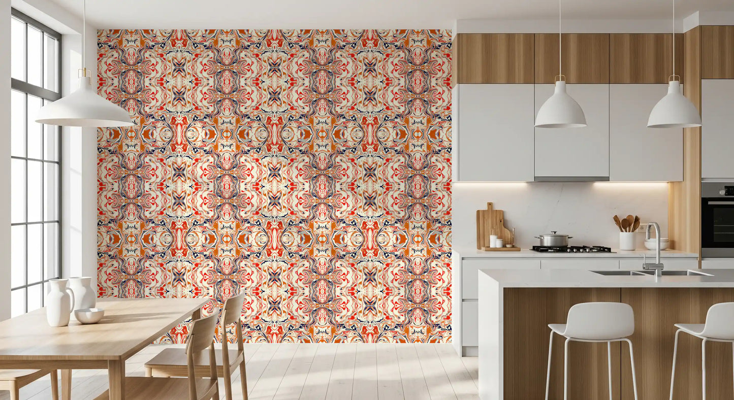 Orange & Red Contemporary Ornamental Tile - ANDORRA Wallpaper