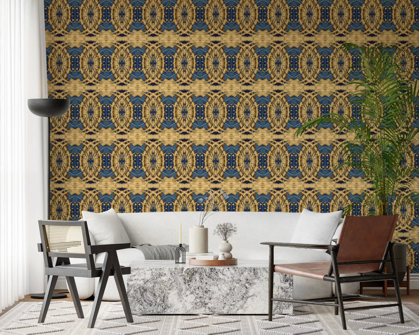 Cobalt Blue & Yellow Retro Geometric Medallion - MOSQUITO  Wallpaper⁠
