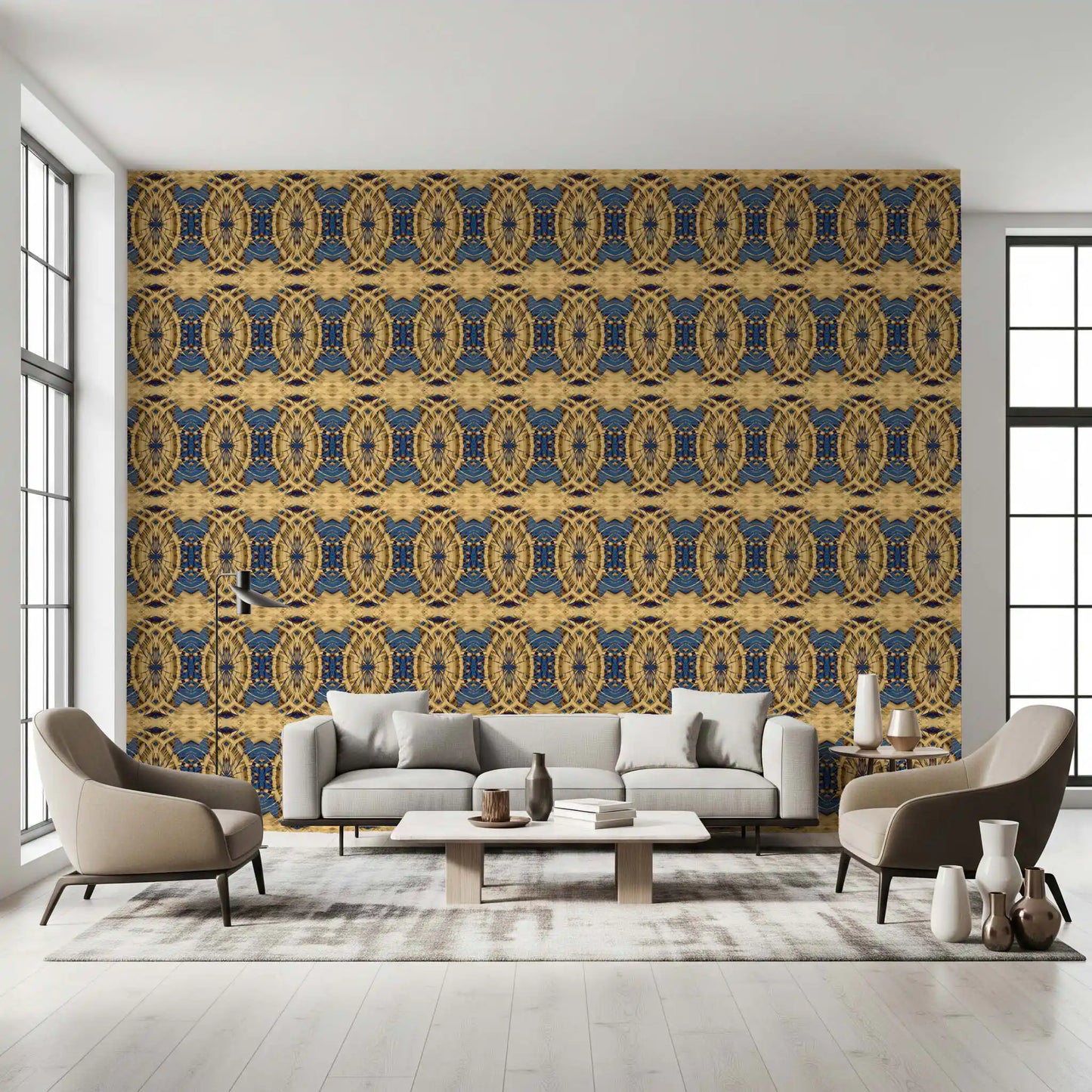 Cobalt Blue & Yellow Retro Geometric Medallion - MOSQUITO  Wallpaper⁠