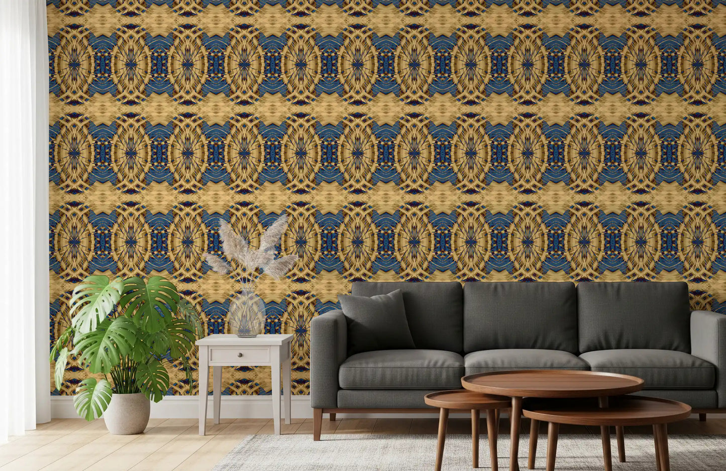 Cobalt Blue & Yellow Retro Geometric Medallion - MOSQUITO  Wallpaper⁠