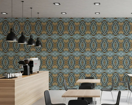 Blue-gray and camel medallion wallpaper styling a cafe GD11503