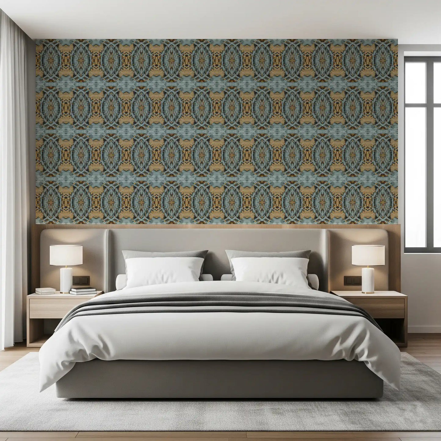 Blue Gray & Camel Retro Geometric Medallion - MOSQUITO Wallpaper⁠