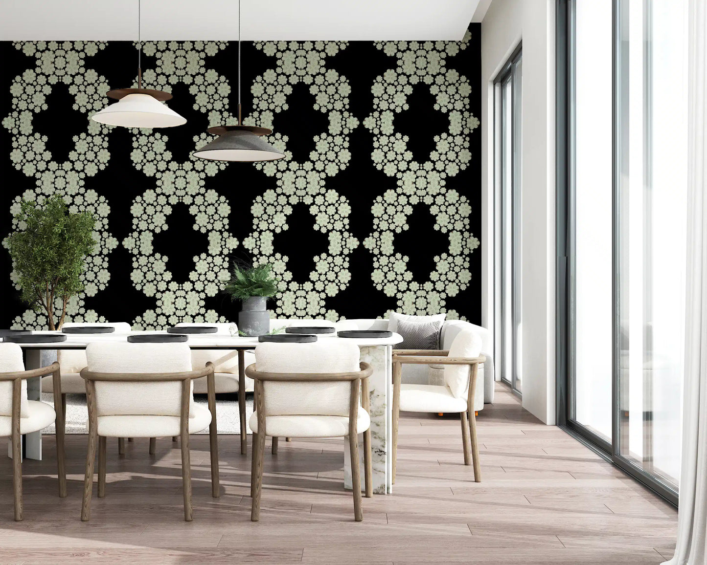 Black & Ivory Diamond Floral Lattice – CARDAMINE Wallpaper⁠