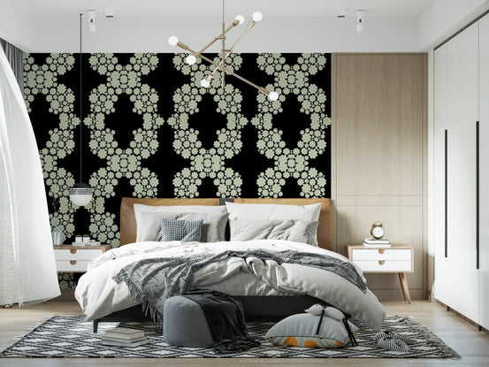 Black and ivory floral trellis wallpaper styling a bedroom GD11504