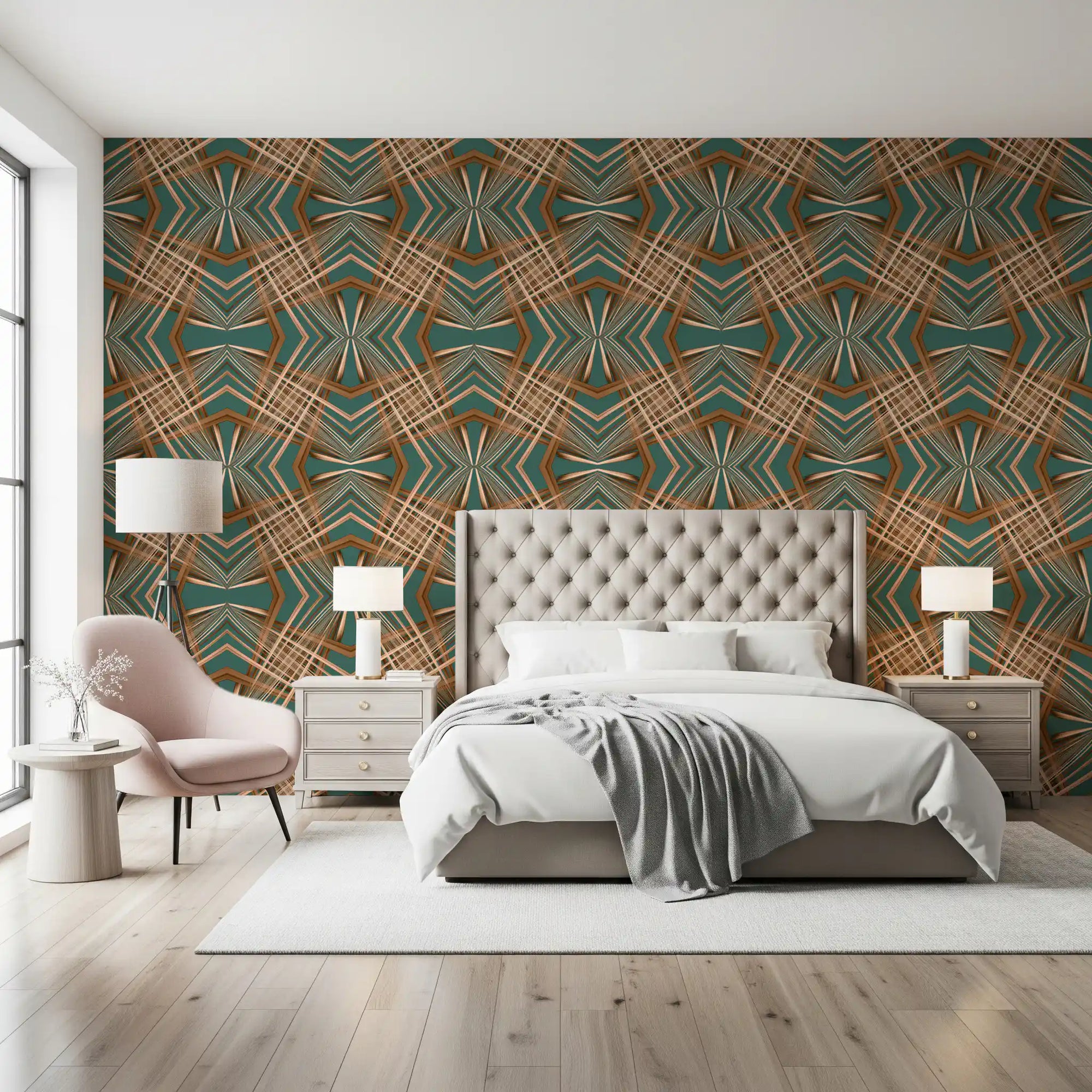 Teal and copper geometric lattice wallpaper styling a bedroom GD11505