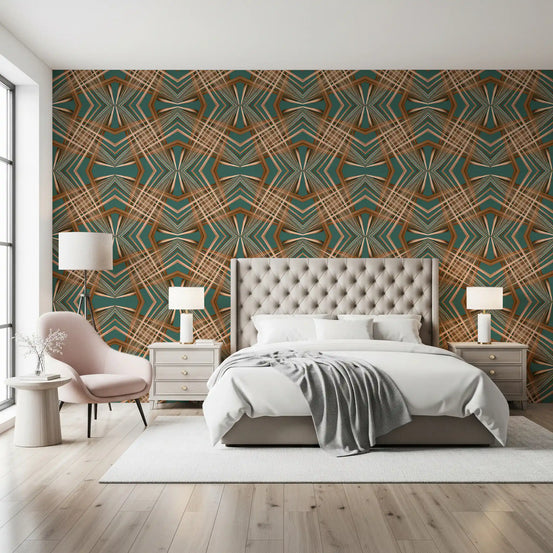 Teal and copper geometric lattice wallpaper styling a bedroom GD11505