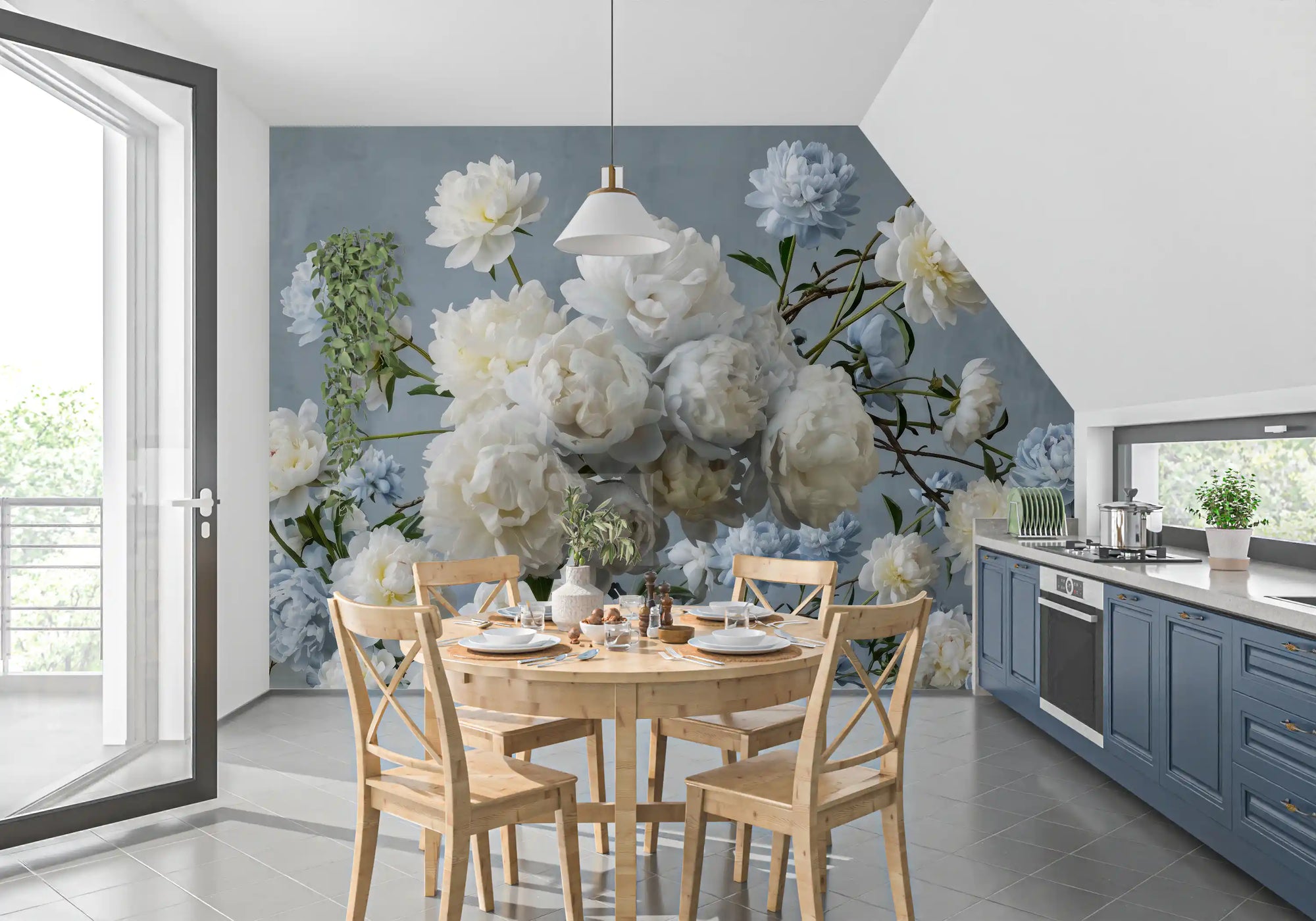 Wall mural fills a calm dining room with Ethereal Blue Blossom peonies GD11506
