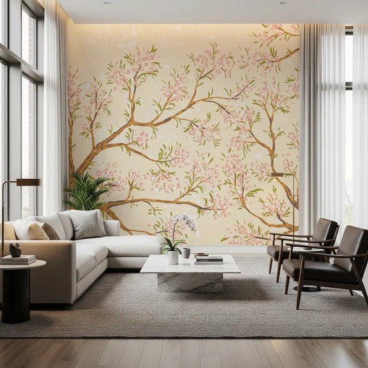 Pink blooms and tan branches spread over a living room, Blossoms wall mural GD11507