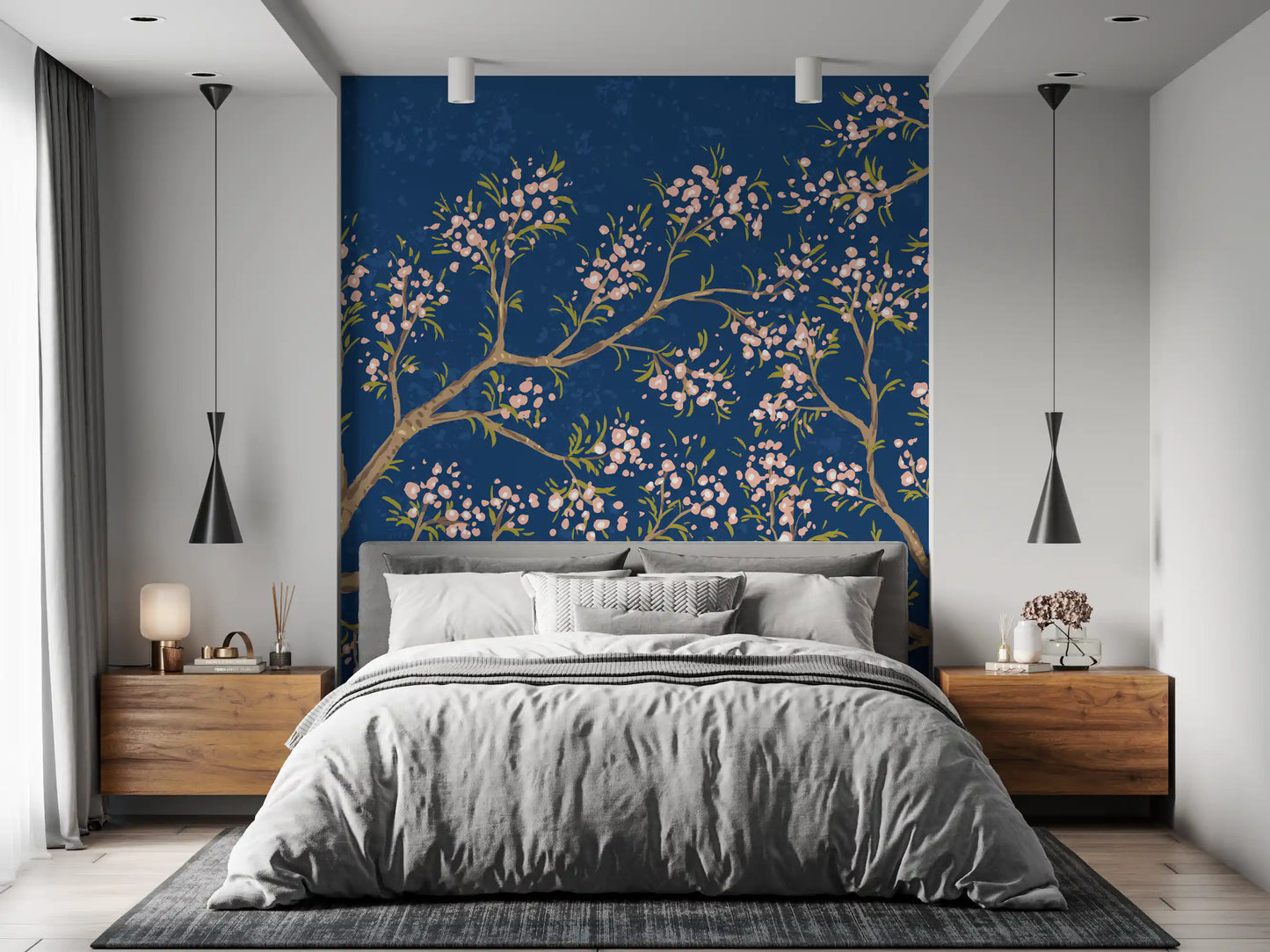 Pink Blossoms - Blue Background Wall Mural