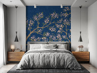Pink Blossoms - Blue Background Wall Mural