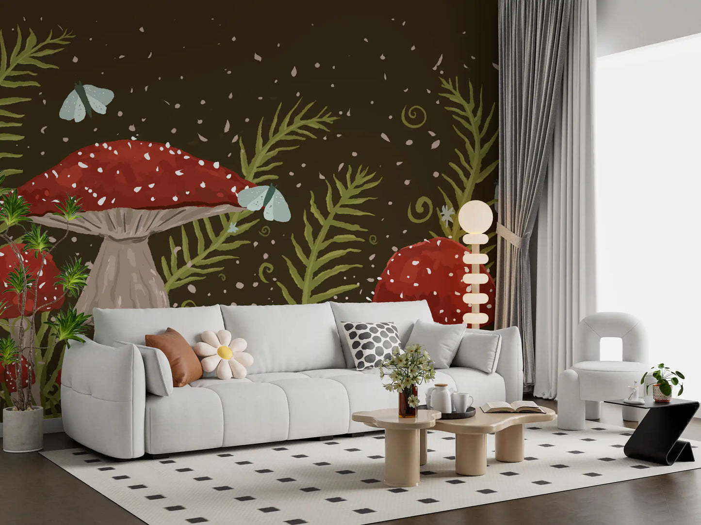 Whispers of Amanita - Red Mushrooms, Ferns, and Moths Wall Mural