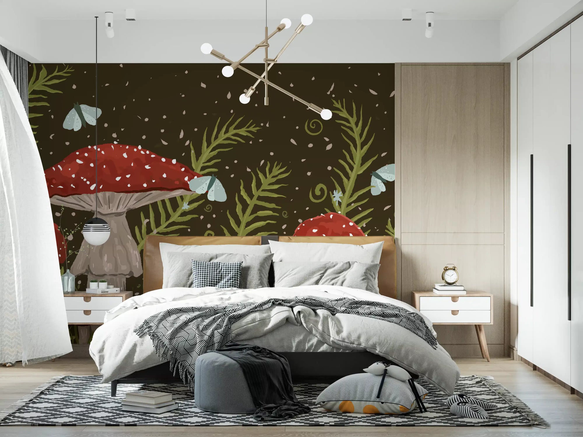 Whispers of Amanita red mushroom wall mural adding a feature to a bedroom GD11511