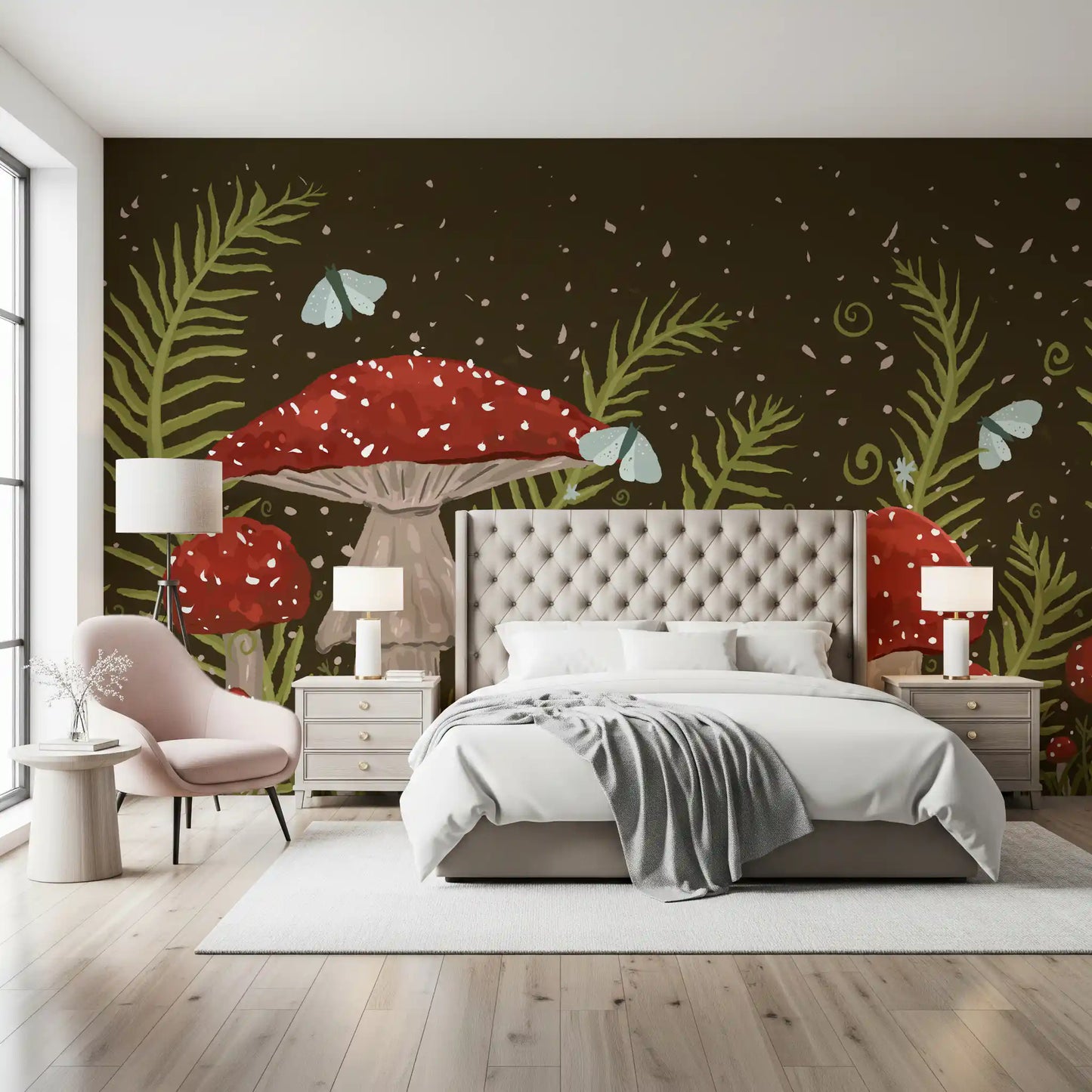Whispers of Amanita - Red Mushrooms, Ferns, and Moths Wall Mural