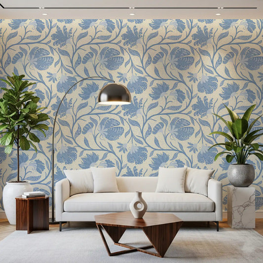 Blue blooms and scrolling vines styling a hallway, a cream floral wallpaper GD11513
