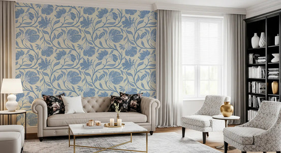 Light blue Indian floral wallpaper adding an elegant feature to a living room GD11513