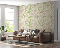 Lotus - Botanical Trailing Water Lily Floral Block Print-  Pink and Green Wallpaper⁠