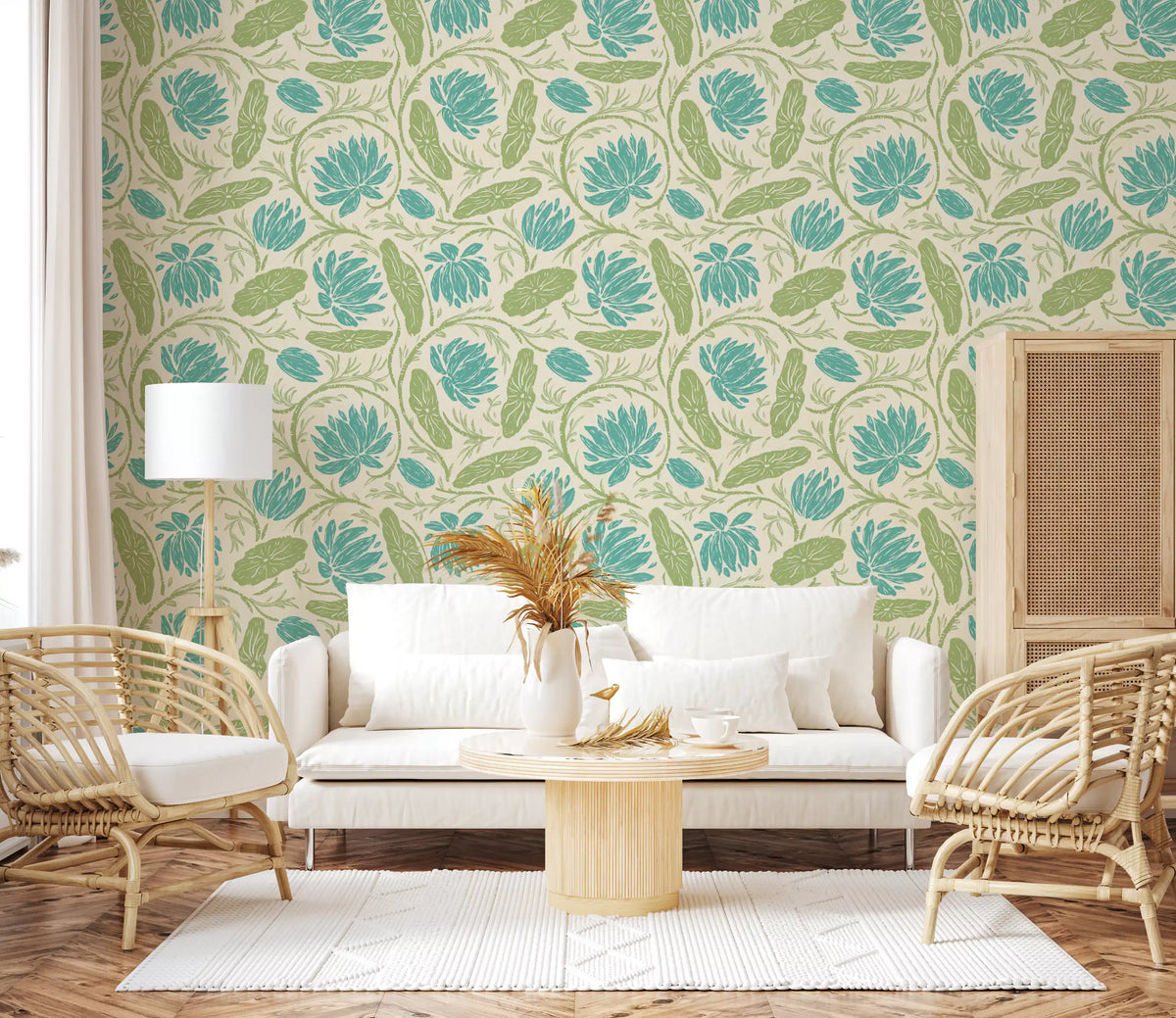 Blue lotus and green lily pad wallpaper adding a feature to a living room GD11515
