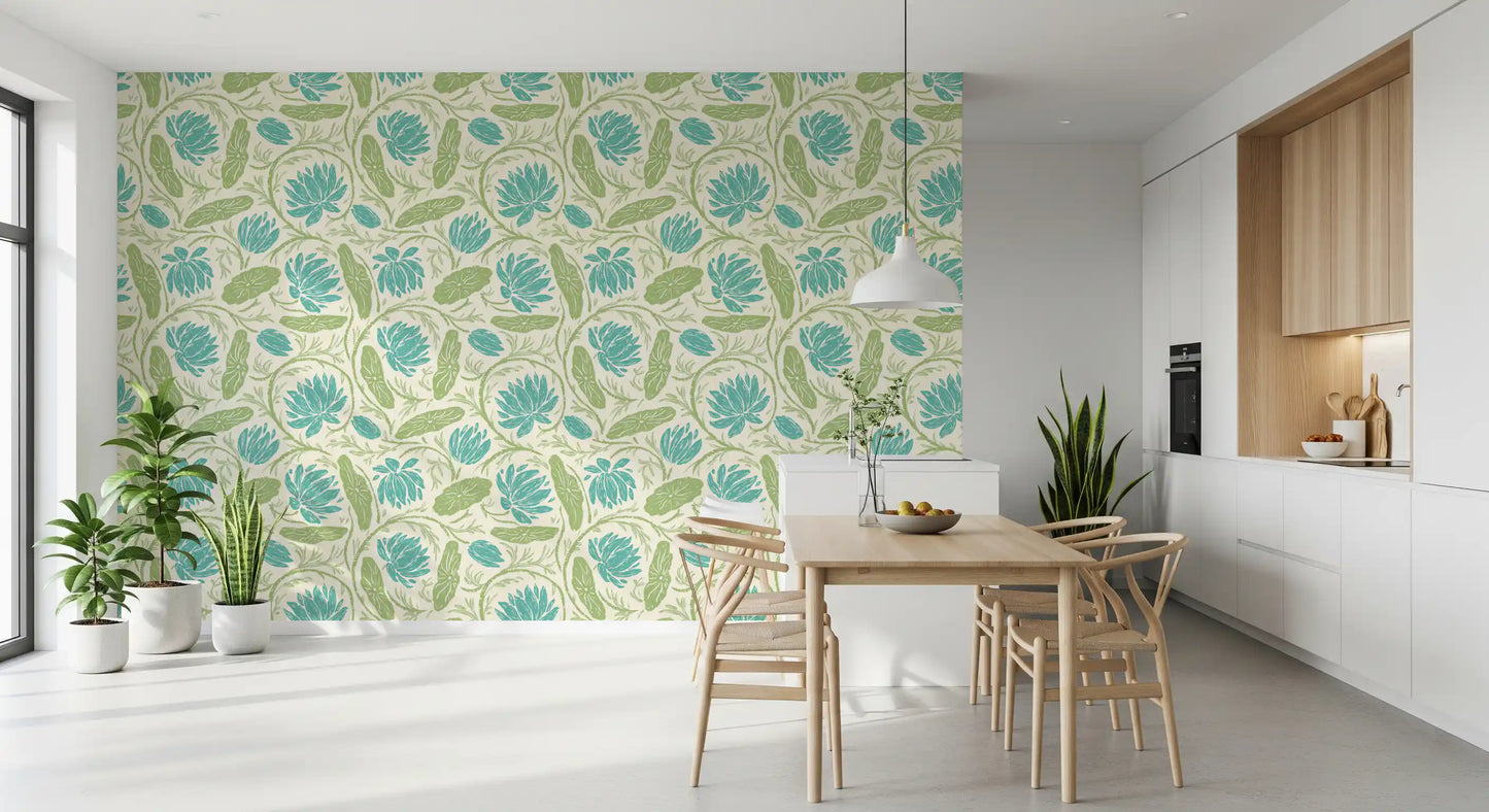 Lotus - Botanical Trailing Water Lily Floral Block Print-  Blue and Green Wallpaper⁠