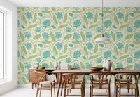 Lotus - Botanical Trailing Water Lily Floral Block Print-  Blue and Green Wallpaper⁠