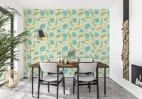 Lotus - Botanical Trailing Water Lily Floral Block Print-  Blue and Green Wallpaper⁠