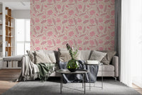 Lotus - Botanical Trailing Water Lily Floral Block Print-  Monochromatic Pink Wallpaper⁠